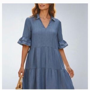 Chico's blue chambray tiered dress, midi length, ruffled sleeve, size 3